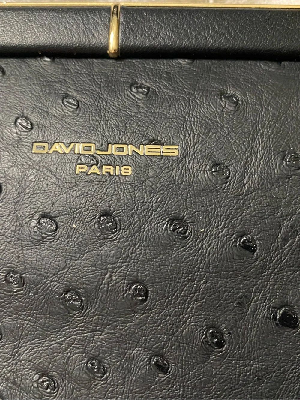 Black Ostrich-Embossed Satchel with Gold Hardware